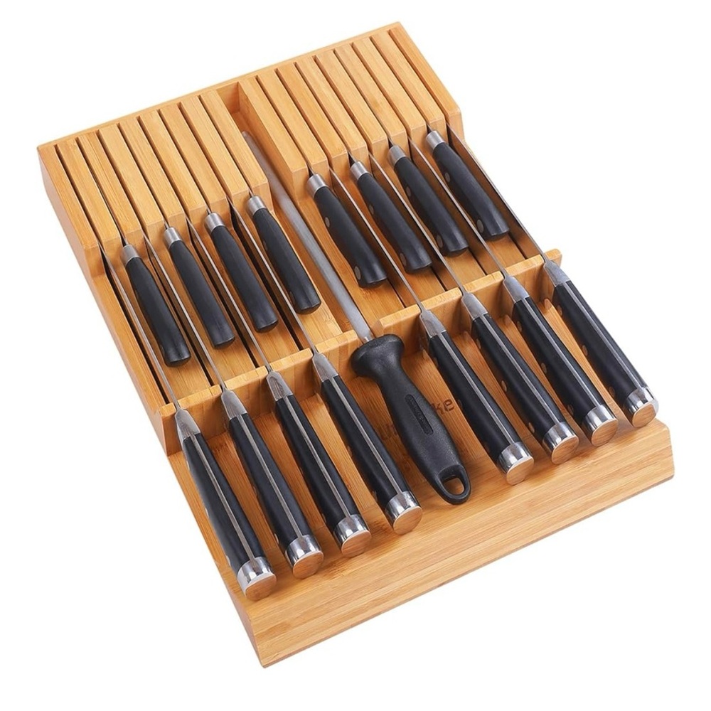 Bamboo Knife Block Set with Black Handles